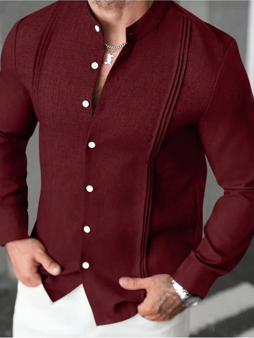 Men's Mandarin Collar Long-Sleeve Shirt in Deep Maroon